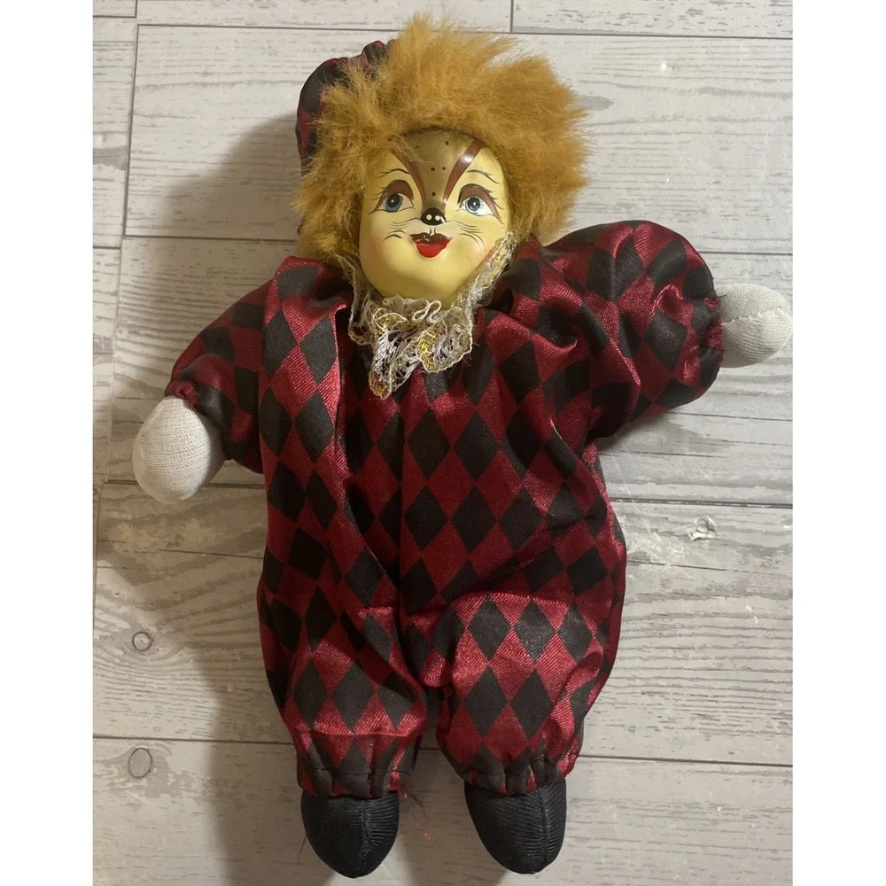 Vintage‎ Red Cat CLOWN Mardi Gras Collectible Doll Hand Painted FACE Circus MCM